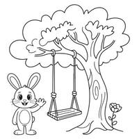 Friendly Rabbit and Tree Swing Coloring Page for Kids vector