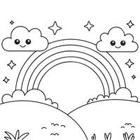 Smiling Rainbow and Happy Clouds with Stars Coloring Page for Kids vector