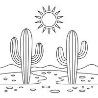 Simple Desert Scene with Cactus and Sun Coloring Page for Kids vector