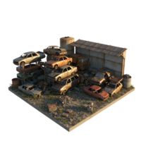 Isometric View of a Junkyard with Old Cars and Industrial Debris on a Transparent Background png