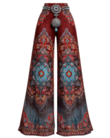Colorful Wide-Leg Pants with Intricate Floral and Geometric Patterns png