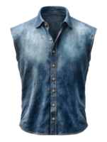 Blue Denim Sleeveless Shirt with Button Closure and Gradual Fade Effect png