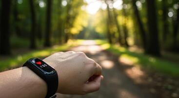 Fitness tracker on wrist, forest run. Monitoring heart rate with tracker. Active tracker photo