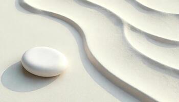 A white stone on a white sand with wave forms, minimalist, zen garden, top view, soft shadows, studio lighting photo