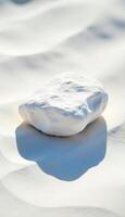 A white rock on a white sand, strong shadows, bright sunny day, minimalist, clean, symmetrical composition, centered, studio shot photo
