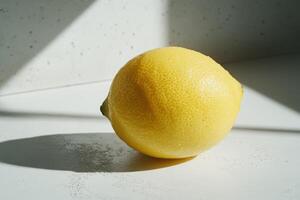 Lemon resting on a white surface illuminated by soft sunlight in a minimalist setting photo