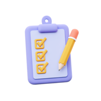 Blue 3D clipboard with checklist and orange pencil for task management planning or notes. Suited for to-do lists and project organization. png