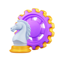 3D chess knight with large purple gear for strategic operations process optimization and development. Perfect for business strategy and systems. png