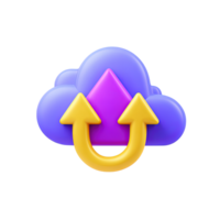 Purple 3D cloud with yellow up and down arrows for data transfer sync or cloud services. Ideal for file upload download and backup ops. png