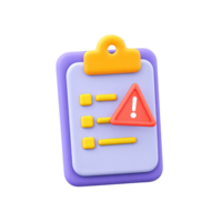 Purple 3D clipboard with checklist and orange warning triangle for important alerts or critical tasks. Draws attention to errors or safety. png