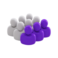 3D assembly of purple and white figures symbolizing a diverse team or user base. Conveys community collaboration and group dynamics well. png