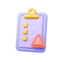 Purple 3D clipboard with task list and orange warning for potential issues or urgent items. Ideal for project management and error reports. png