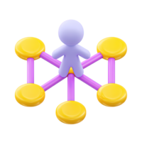 Abstract 3D icon of a central figure connected to nodes symbolizing network links and data flow. Great for visualizing systems and communication. png