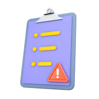 Purple 3D clipboard with checklist and red warning sign for errors critical tasks or attention. Alert icon for task management and issues. png