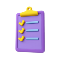 Purple 3D clipboard with completed checklist yellow checkmarks signifying successful task accomplishment. Perfect for project management and goals. png