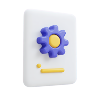 White 3D document icon with blue gear and yellow line for file settings configuration or document management. Ideal for software interface. png
