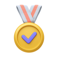 Gold 3D medal with purple checkmark and ribbon for approval achievement or certified success. Validation icon for task completion and quality. png