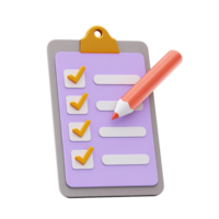 Purple 3D clipboard with checklist items marked by red pencil for active task management or form filling. Great for planning and to-do apps. png