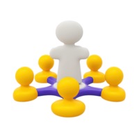 3D icon of a central figure linked to smaller ones symbolizing leadership teamwork and networks. Ideal for visualizing hierarchy and collaboration. png