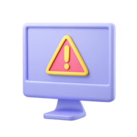 Purple 3D computer monitor with orange warning triangle for system alert error or important notification. Highlights critical software issues. png