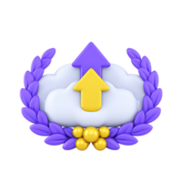 Purple 3D cloud with yellow upload arrow and laurel wreath for honored cloud achievement. Represents successful data transfer or secure backup. png