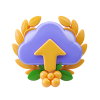 3D cloud with upward yellow arrow and golden laurels for successful data upload or cloud achievement. Celebratory icon for milestones or backup. png