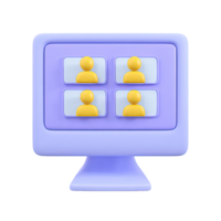 Blue 3D computer monitor with four user profile icons in a grid for online meetings or virtual team collaboration. Illustrates apps. png