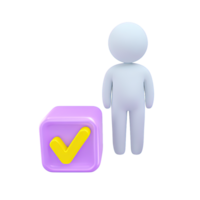 3D icon figure by large cube with yellow checkmark. Symbolizes choice, decision making, selection process, agreement, positive confirmation for many apps. png