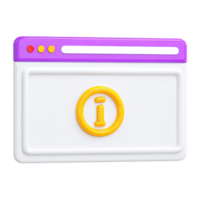 Web browser 3D icon with yellow information symbol for online help or FAQs. Perfect for website navigation and user support sections. png