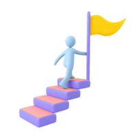 Stylized 3D icon person climbs unique block stairs to flag. Symbolizes overcoming obstacles, achieving targets, steady advancement. Great for growth themes. png