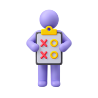 Stylized 3D icon character presents tic-tac-toe board. Emphasizes strategic thought, competitive play, decision processes, logical choices for outcome. png