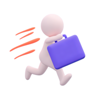 3D icon figure in motion, running with briefcase. Depicts urgency, business dynamics, professional speed, meeting deadlines, fast-paced corporate life. png