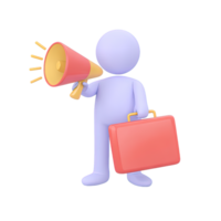 Dynamic 3D icon figure with red briefcase, yellow megaphone. Illustrates urgent announcements, strategic marketing, broadcasting info, assertive biz comms. png