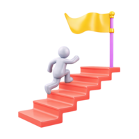 3D icon figure runs up stairs to flag. Represents rapid career progress, ambition, achieving goals quickly, determination, dynamic move to success. png