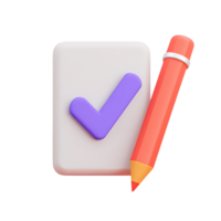 Close up 3D icon document with checkmark and pencil. Emphasizes confirmation, agreement, successful task completion. Suited for UI and official comms. png