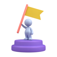 3D icon character on stepped podium with flag. Represents winning first place, achieving major goals, celebrating success, recognition for performance. png