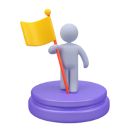 Elegant 3D icon figure atop podium with flag. Signifies triumph, reaching pinnacle, success in competition, being number one, ultimate recognition. png