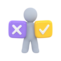 3D icon figure holds purple cross and yellow checkmark. Represents evaluation, comparison, selection processes, making informed decisions on contrasts. png