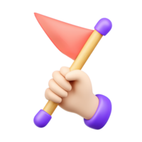 3D icon hand firmly holds small red triangular flag, different angle. Emphasizes indication, attention capture, small milestone, marking point of interest. png
