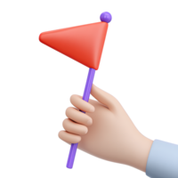 3D icon hand holds small red triangular flag. Signifies important alert, warning signal, marked location, key milestone, or point of attention notice. png