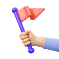 3D icon stylized hand, blue sleeve, holds red triangular flag. Symbolizes focused objective, guiding point, important marker, or signal for attention. png