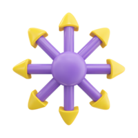 3D abstract radial shape like star gear, yellow arrows out. Symbolizes central hub, network connections, distribution points, multiple options, directions. png