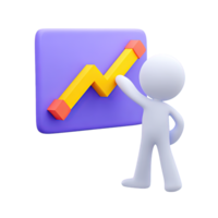 3D icon figure points to rising graph on board. Symbolizes business growth, financial success, data analysis, positive trends, strategy presentations. png