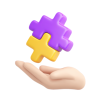 3D icon hand gently holds yellow purple puzzle piece. Symbolizes finding solution, making connection, integrating part, problem-solving, strategic thinking. png