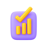 3D icon bar chart with 3 rising gold bars, yellow checkmark. Symbolizes approved financial results, positive data validation, successful stats reports. png