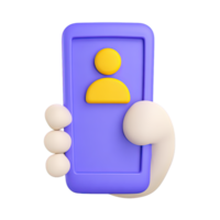 3D icon hand holds smartphone showing user profile. Symbolizes mobile app access, personal accounts, social media identity, online comms, digital interaction. png