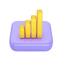 3D icon bar chart on platform, rising golden bars. Represents statistical data, financial growth, business analytics, positive reports, upward trends. png