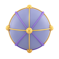Stylized 3D globe icon purple surface, golden radial lines. Signifies global reach, worldwide networking, centralized connections, expansive comms nets. png