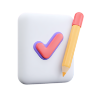 3D icon document with checkmark and pencil. Signifies approval, completed tasks, verification, successful validation. Perfect for business or educational use. png