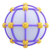 3D globe icon interconnected gold nodes, purple lines. Represents global networks, worldwide comms, internet connectivity, intl business, tech systems. png